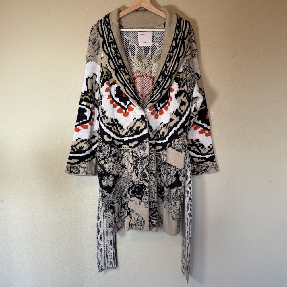 Aldo Martins Intarsia Knit Wool Button Front Sweater Cardigan Belted Size 8 - Picture 3 of 7